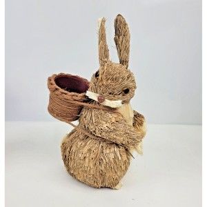 Vintage Sisal Bristle Bunny Rabbit Figurine w/ Egg Basket on Back Easter 10"